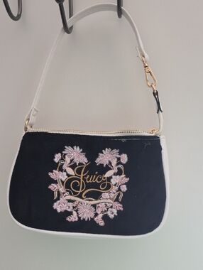 Juicy Couture Black & White Mini Shoulder Bag with Pink Floral Embroidery